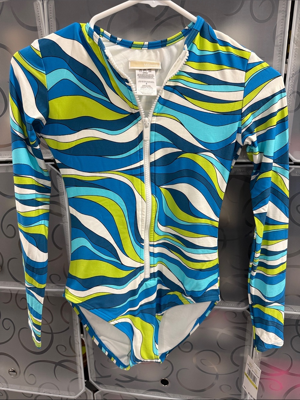 MICHAEL Michael Kors Blue, Teal, Lime & White Zip-Front Long-Sleeve One-Piece